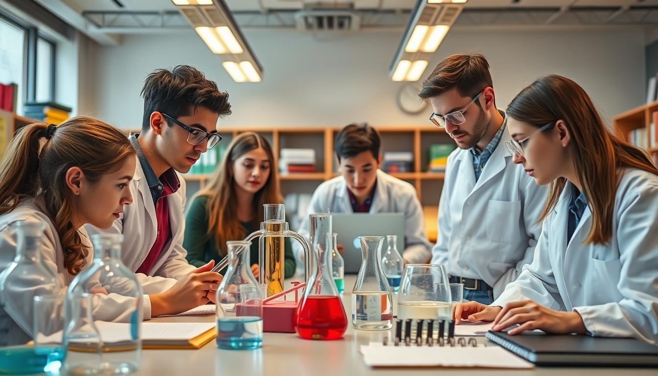 Students studying together in modern classroom